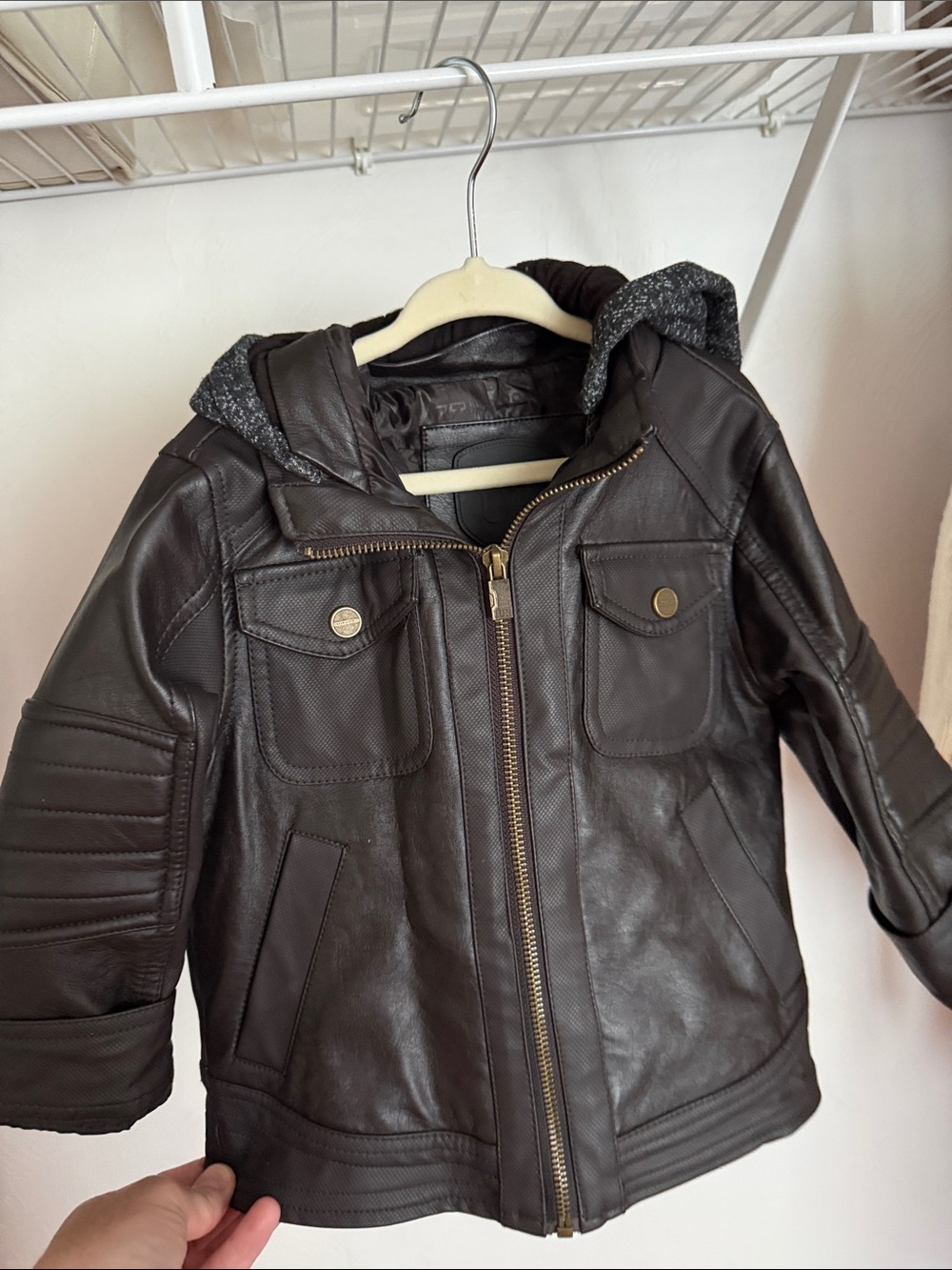 Urban Republic Boys Dark Brown Faux Leather Hooded Jacket